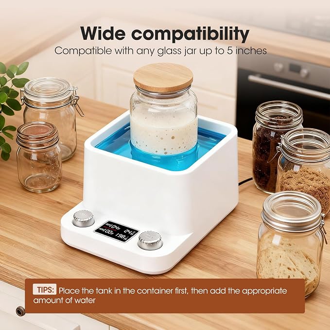 Sourdough Starter Warmer | Water Bath Precise 1°F Thermostat (70-104°F) Sourdough Warmer| For jars under 50 oz | 1-198H Memory Timer | 360° Uniform Warmer |Fermenter's Dream for Home Baking (White)