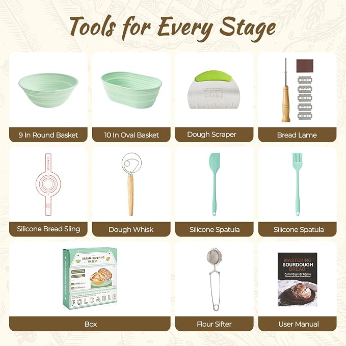 Sourdough Starter Kit, 9PCS Sourdough Breads Baking Supplies, Silicone Banneton Bread Proofing Basket Set with 9" Round & 10" Val, Bread Sling, Whisk, Bread Lame, Sour Dough Baking Tools