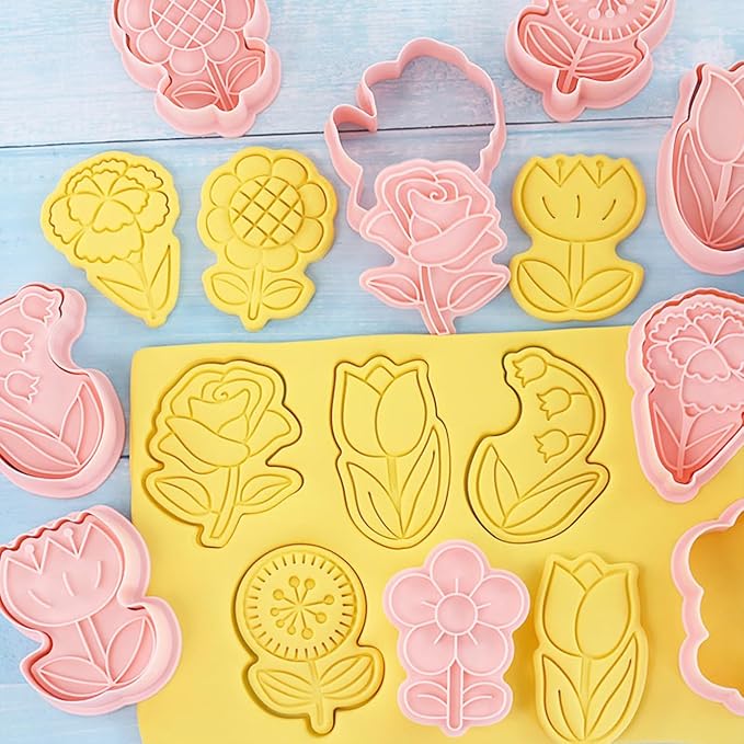 8 Flower Cookie Cutter, 3D Spring Floral Cookie Cutters with Lily of the Valley, Sunflower, Carnation,Tulip,Rose Shapes, Homemake Baking Tools for Mother's Day, Valentine, Holiday DIY Cookies (Flower)