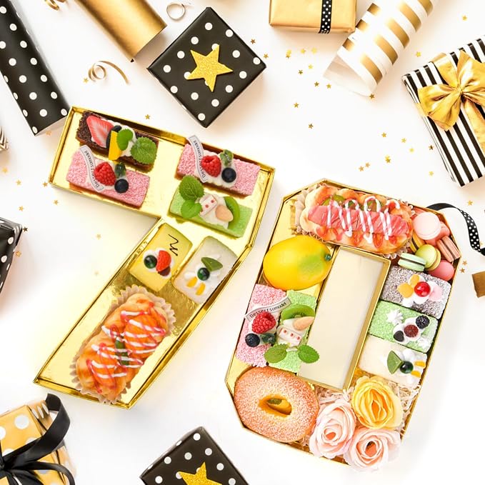 Cardboard Number for Charcuterie 70 Set Fillable Tray 10.2'' Gold Charcuterie Paper Box for 70th Birthday Anniversary Party Decorations Chocolate Candy Cupcake Container