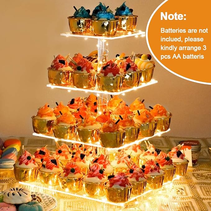 YestBuy Cupcake Stand with Yellow LED Lights, 4 Tier Cupcake Stand for 50 Cupcakes, Acrylic Cupcake Tower Stand, Clear Tiered Cupcake Holder for Birthday Candy Bar Décor Weddings, Parties Events