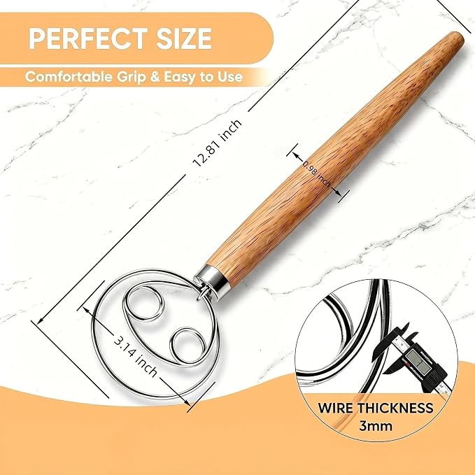 Maxjoy Danish Dough Whisk, Stainless Steel Wooden Handle, Dutch Hand Mixing Tool for Sourdough Pizza Bread Baking