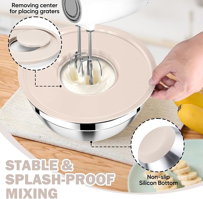 E-far 25PCS Mixing Bowls with Lid Set, Stainless Steel Nesting Prep Bowls with Grater Attachments Non-Slip Bottoms for Cooking, Serving, Food Storage, 4.6/2.6/2/1.5/1/0.7QT - Khaki
