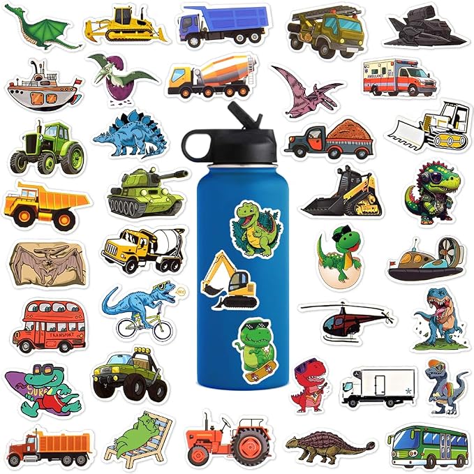 100 Pcs Dinosaur Vehicle Stickers for Kids Boys Water Bottles Laptops Scrapbook Decoration Party Favors Classroom Rewards Cartoon T Rex Construction Truck Waterproof Vinyl Decals