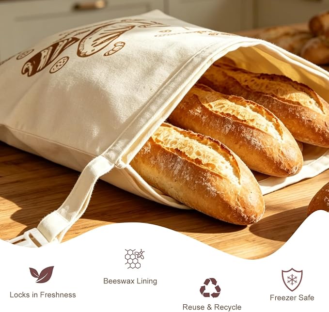 Beeswax Bread Bags 2 Pack Reusable Sourdough for Homemade, Large Washable Cotton Linen Food Storage with Removable Wax Liner, Plastic Free 17x13 Inch