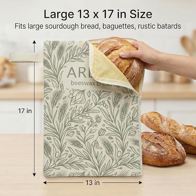 Beeswax Bread Bag with Zipper, Reusable Linen Cotton Bread Bags with Beeswax Lining, 13x17 inch for Homemade Sourdough, Keeps Bread Fresh for Storage (2, Green)