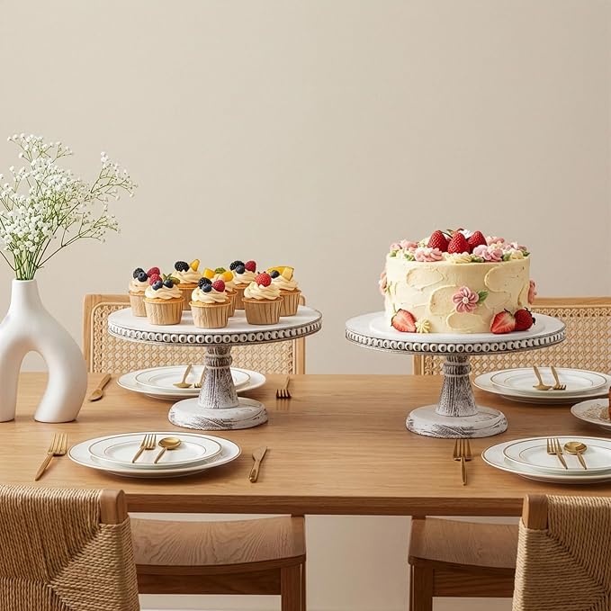 Peohud 12 Inch White Wood Cake Stand, Round Cupcake Pedestal Stand with Beads, Distressed Dessert Display Riser Tray for Wedding Birthday Christmas Party Table Decor