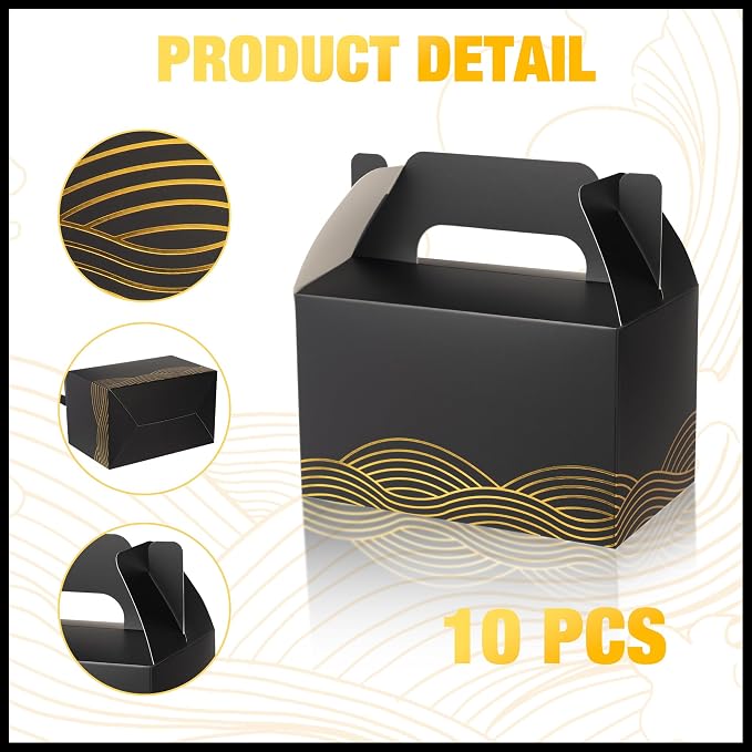 10 PCS Black Gable Favor Treat Boxes, 6.5 x 4 x 4 Inches Elegant Gift Box with Handle for Guests, Goodie Gift Boxes for Candy, Cookie, Busniess, Annivesary Parties, Graduation, Birthday, Wedding, Wave