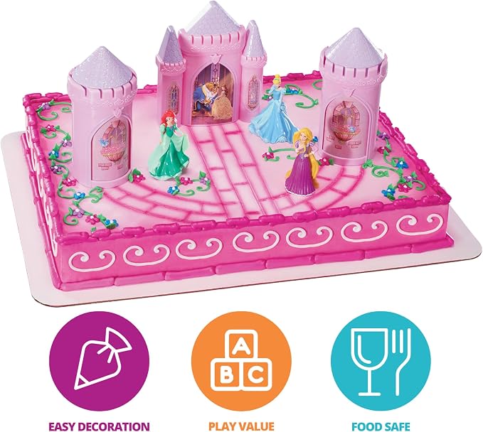 DecoSet® Disney Princess Happily Ever After Birthday Cake Topper, 6-Piece Cake Decorations, Includes Castle with Moveable Turrets, Cinderella, Ariel and Rapunzel Figurines