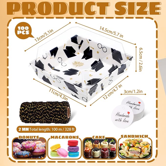 Outus 100 Pack Graduation Party Treat Box Charcuterie Boxes with Clear Lids, 5.7 x 5.1 '' Paper Food Containers White Take out Bakery Boxes Gift Tags Rope for Desserts Graduation Party Supplies