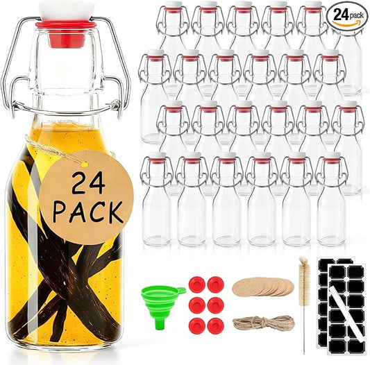 Ruckae 24 Pack 4oz Swing Top Glass Bottles with Lids Kombucha Coquito Flip Top Glass Bottle for Syrup Vanilla Extract Brew Beer Kefir Air Tight Bottles for Gift (4 oz 24 pack)