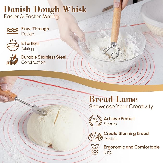 17 Pieces Banneton Bread Proofing Basket Set - 9 inch Round and 10 inch Oval Sourdough Bread Proofing Baskets - A Complete Bread Making Kit, Danish Whisk, Bowl Scraper, Dough Scraper, & Bread Lame