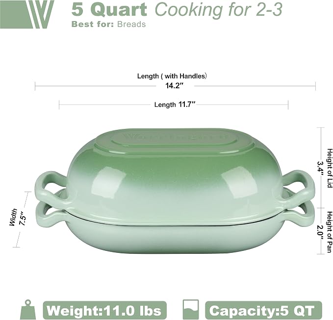 VORRINGARD Enameled Cast Iron Sourdough Bread Oven, Dutch Oven, Loaf Cast Iron Bread Pan for Homemade Bread Baking, Meatloaf Pan with Lid, 5QT, Green