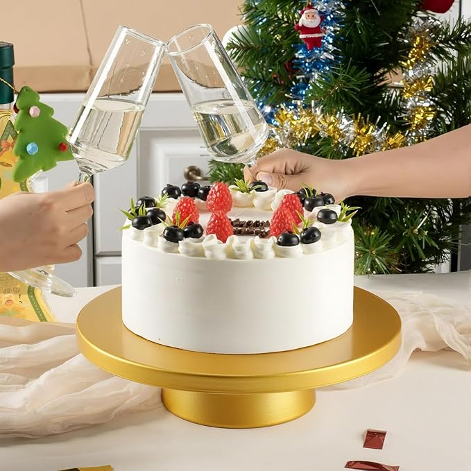 Wenqik 12 Inch Metal Gold Cake Stand with Cake Knife and Spatula, Round Dessert Table Display Stand Metal Dessert Tray Serving Platter for Party, Wedding, Birthday, Baby Shower, Anniversary