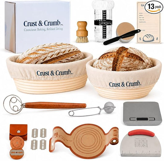 Complete Sourdough Starter Kit, 2 Bannteon Bread Proofing Baskets 9" & 10", UFO Bread Lame, Food Scale, Starter Jar, Silicone Baking Mat, Stainless Steel Dough Scraper and Flour Sifter, Recipes
