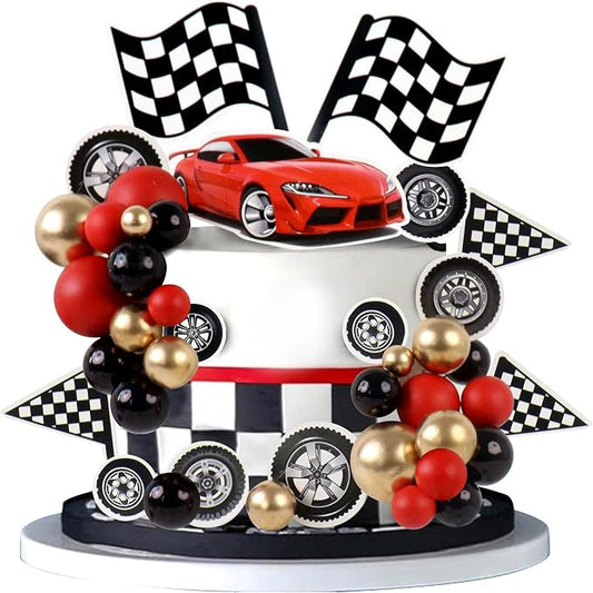 Ercadio 42Pcs Black Red Race Car Birthday Cake Toppers Checkered Flags Wheel Cupcake Toppers Multicolor Balls Cake Decorations for Kids Racing Birthday Cake Decoration Race Car Party Supplies