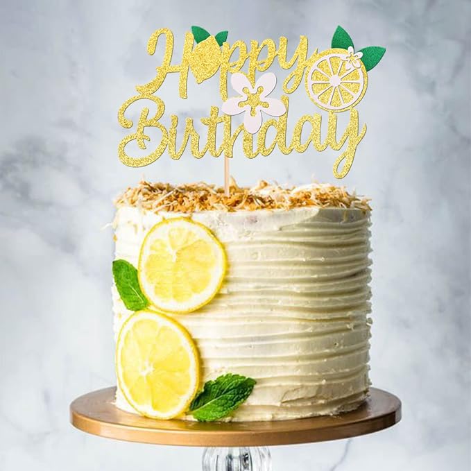 1 PCS Lemon Happy Birthday Cake Topper Assembled Glitter Fruit Theme Lemonade Party Cake Pick Decorations for Lemon Theme Baby Shower Kids Boys Girls Birthday Party Supplies