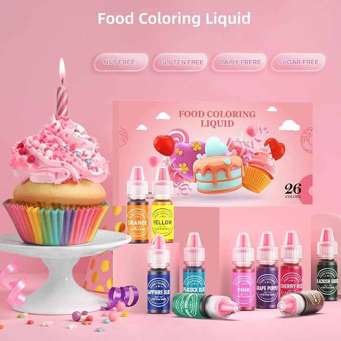 Food Coloring for Baking - 26 Vibrant Cake Coloring Liquid Set for Dessert Decorating, Food Grade Food Dye for Icing,Fondant,Cookies,Easter Egg,Making DIY Supplies Kit- 0.25 Fl. oz/Bottles