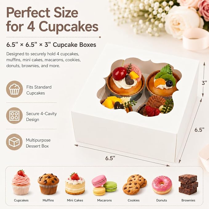 Cupcake Boxes with Window, 20 Pack 6.5x6.5x3 Inch Bakery Boxes for 4 Cupcakes, Muffins, Cookies & Pastries, Disposable Dessert Boxes with Insert Holder (White)