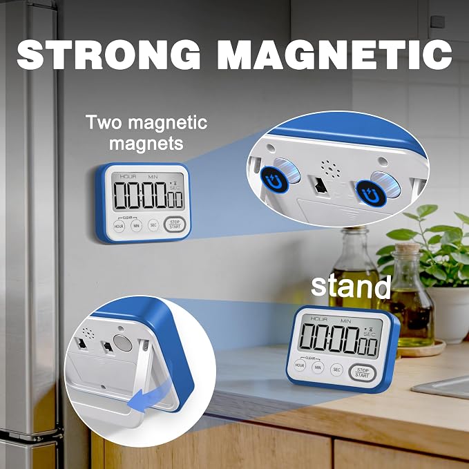 Digital Kitchen Timer Magnetic Loud Alarm, Large LCD Screen Silent/Beeping Multi-Function for Teachers Classroom Kids, Blue