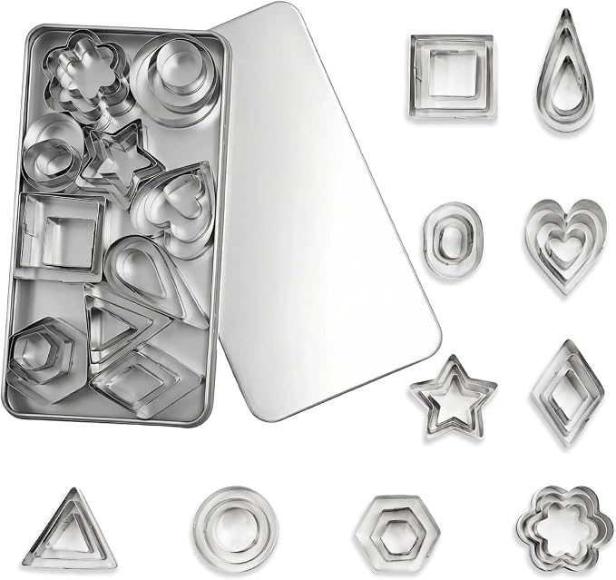 30Pcs Mini Cookie Cutter Set with Box,Small Stainless Steel Fruit Veggie Cutters,Polymer Clay Press Molds for Kids,Geometric Molds for Biscuit,Cake & Fruit Decorations