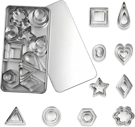 30Pcs Mini Cookie Cutter Set with Box,Small Stainless Steel Fruit Veggie Cutters,Polymer Clay Press Molds for Kids,Geometric Molds for Biscuit,Cake & Fruit Decorations