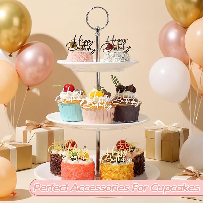 Weysat 30 Pcs Gold Silver Black Mirror Acrylic Cupcake Toppers Happy Birthday Cake Decorations for Birthday Party Cupcake Toppers