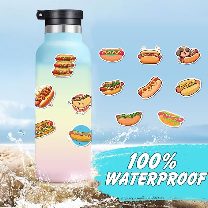 100Pcs Hot Dog Food Waterproof Stickers for Water Bottle Scrapbook Laptop,Skateboard,Party Favors Self Adhesive Stickers