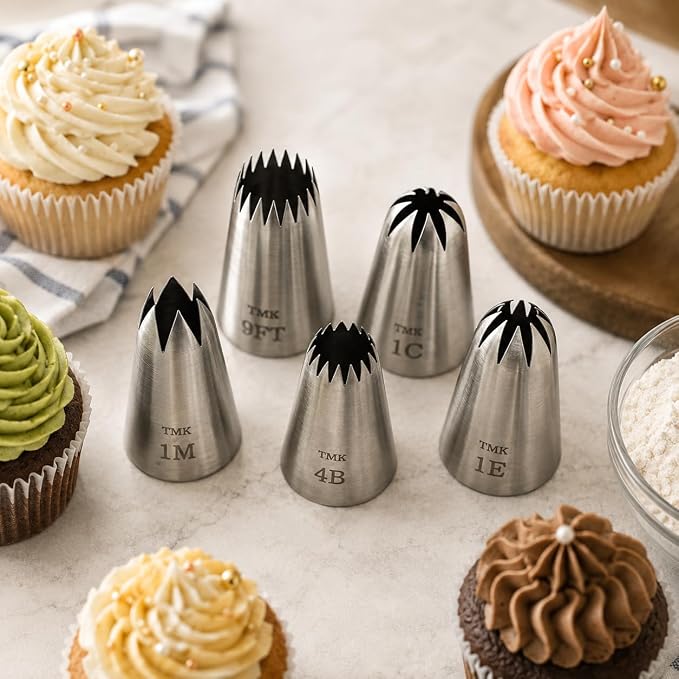 5 Pack Stainless Steel Seamless Piping Icing Tips #9FT 1C 1E 1M 4B, Large Star Piping Nozzle, Cake Decorating Tools for Baker