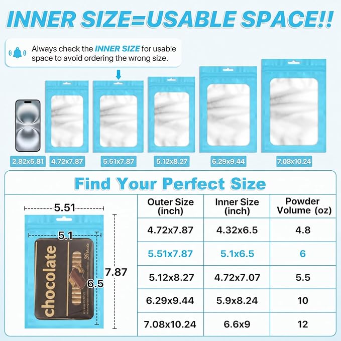 ANZNKU 100 Pack Lake Blue Resealable Mylar Bags with Frosted Clear Window 5.51x7.87", Smell Proof Sealable Packaging Bags for Small Business, Foil Pouch Zip Goodie Bag for Candy Treat Jewelry