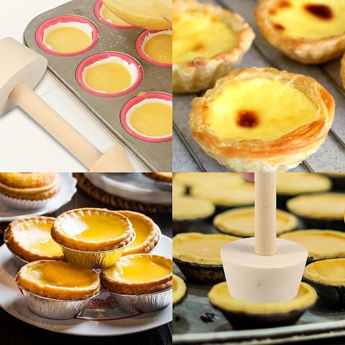 2Pcs Wooden Tart Tamper Set,Double Sided Pie Pastry Dough Tamper with Pastry Brush,Wooden Molds Egg Tarts Tamper Pastry Tools for Mini Muffin Tins,Tart Pans
