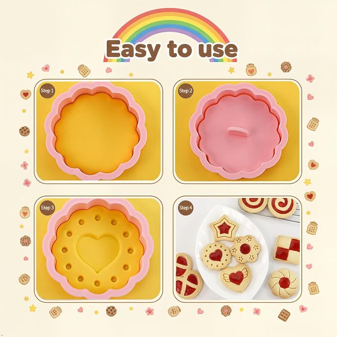 8 Pcs Jam-Filled Sandwich Cookie Cutter Set 3D Heart Star Flower Pressable Embossing Cookie Stamps with Plunger for DIY Baking Kitchen Bakeware Tool Biscuit Fondant Party Supply Cracker Pie