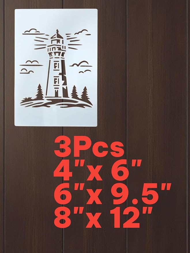 Lighthouse Stencil – Nautical Ocean Travel Adventure Design Template Pattern Reusable Art Stencil for Painting, Crafting and DIY Projects (3 Pcs Set)