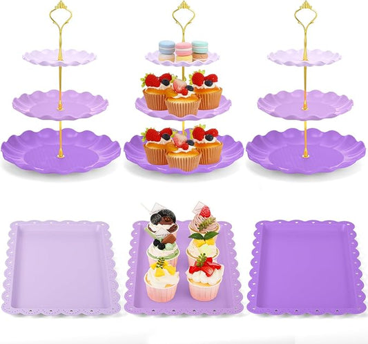 FoldTier 6 Pack Cupcake Stand Set 3 Pcs 3 Tier Gradient Dessert Table Display Stands Cookie Tray Rack 3 X14 in Rectangle Party Trays for Wedding Birthday Tea Party Baby Shower(Purple,Round)