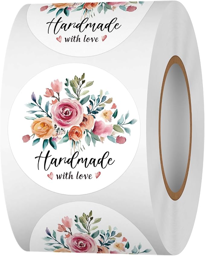 Floral Handmade with Love Stickers Roll, 1.5 inch 500 PCS Flower Homemade with Love Stickers for Handmade Baked Goods, Crafts, Gifts Package, Small Business