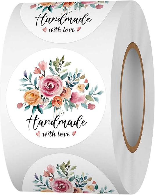 Floral Handmade with Love Stickers Roll, 1.5 inch 500 PCS Flower Homemade with Love Stickers for Handmade Baked Goods, Crafts, Gifts Package, Small Business