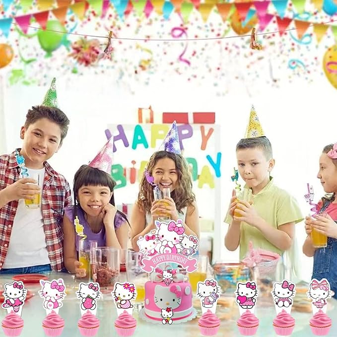 25 Pcs Birthday Party Supplies, Happy Birthday Cake Topper, Cute Anime Cupcake Toppers for Girls (Pink)