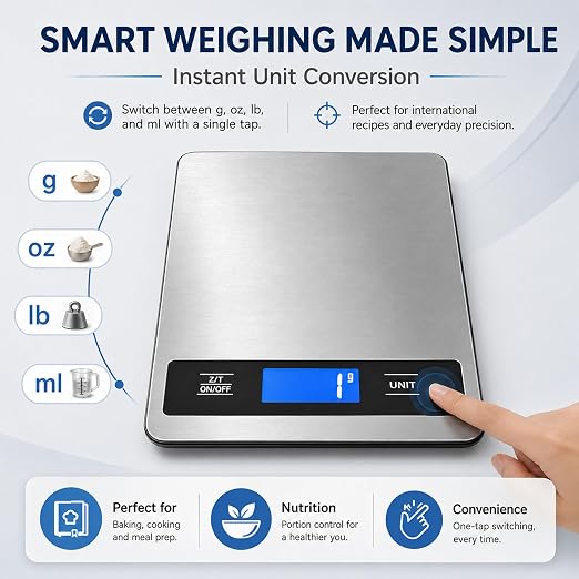 33lb/15kg Digital Food Scale for Kitchen, Measuring Recipes, Meat, Pet Care | 1g High Precision Stainless Steel Scale with Timer, Tare & Unit Conversion (g/oz/ml/lb) for Baking, Coffee, Bread, Meat