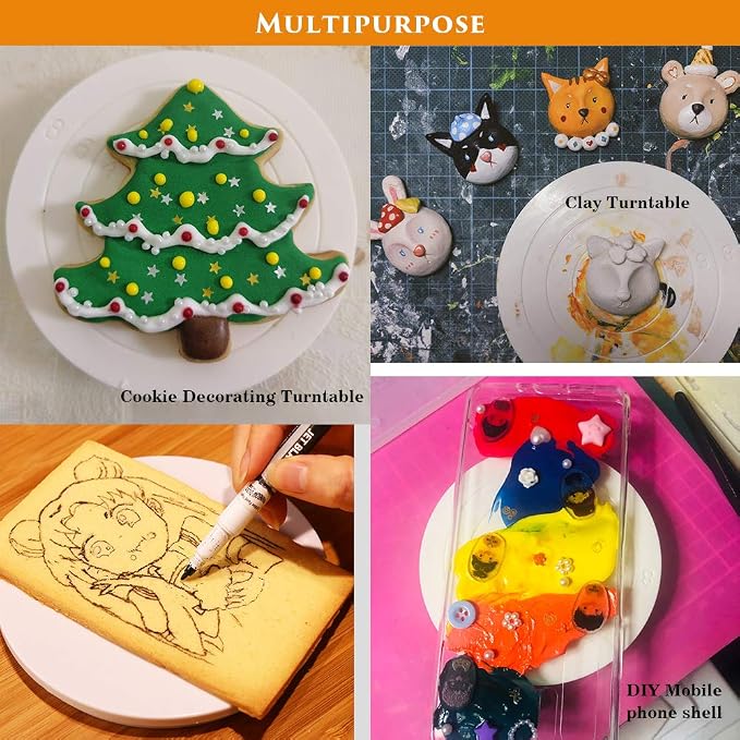 4.7 inch (12cm) Round Cookie Decorating Turntable, Rotating Cake Turntable Stand Baking Decor Plate, Food Contact Safe Plastic - White