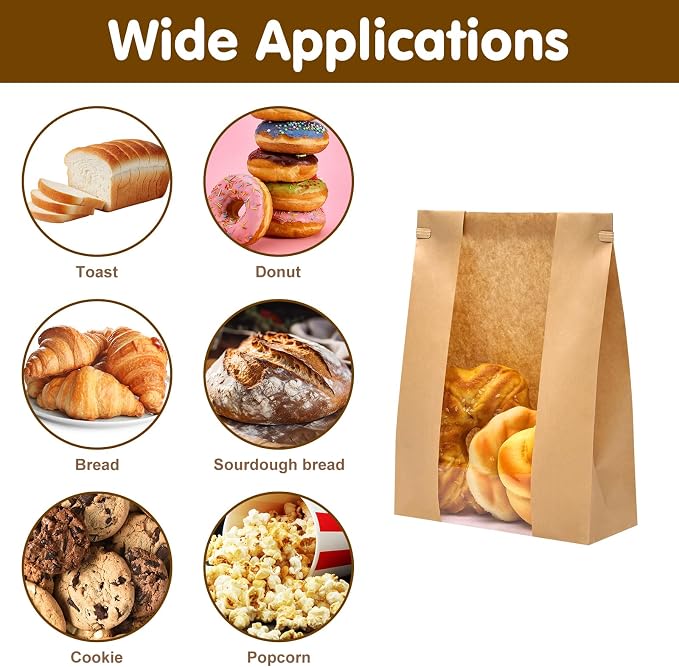 Moretoes 240 Pack Large Sourdough Bread Bags for Homemade Bread, 13.7x8.3x3.5 Inches, Paper Bread Bags with Tin Tie Tab and Clear Front Window, Includes 288 Label Seal Stickers (Brown)
