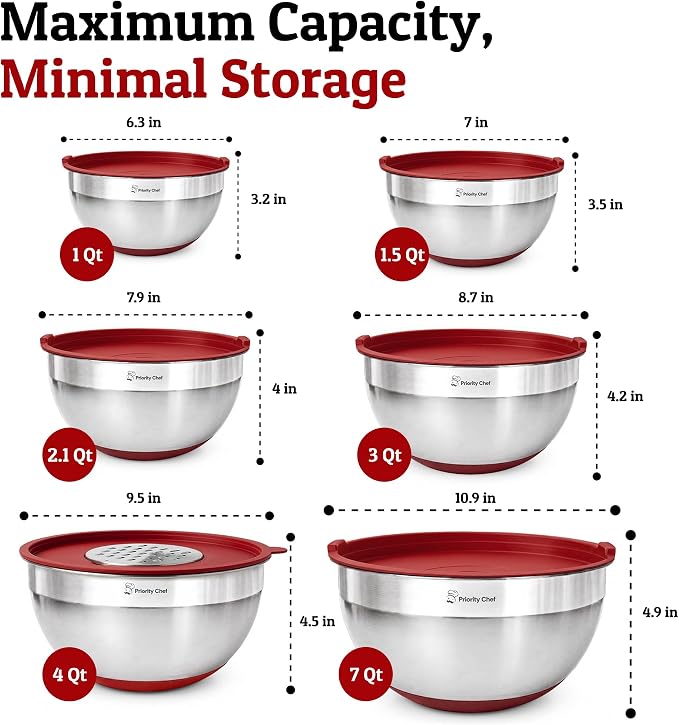 Priority Chef 6pc Stainless Steel Mixing Bowls with Lids Set, 7 Qt, Red | 6pc Non-slip nesting bowls 1-7 qt, 3 graters & interior measurement marks; for meal prep, baking & airtight fridge storage