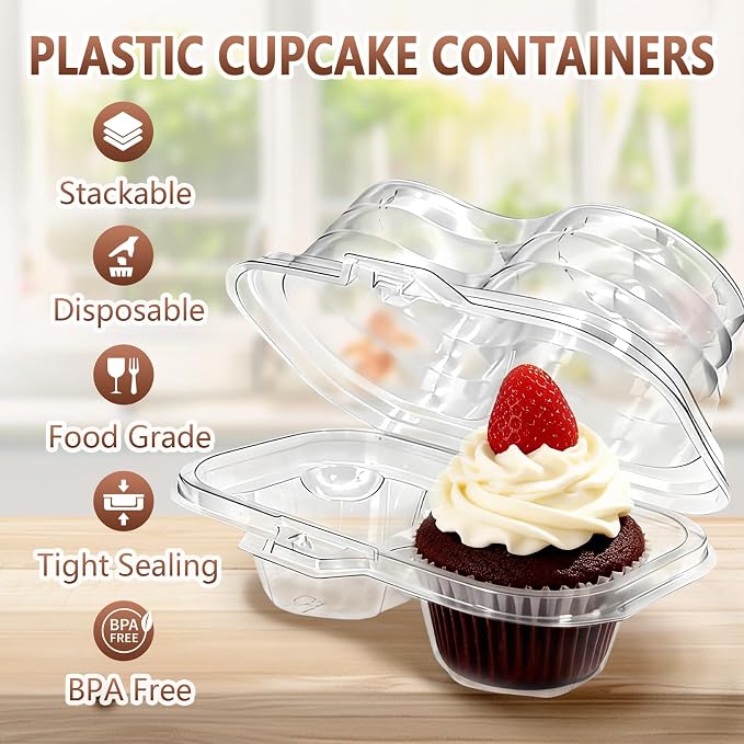 50 Pack Plastic Cupcake Containers with Lids, Disposable 2 Count Clear Cupcake Boxes Holders Carrier, Cake Storage Packaging to Go Muffin Containers for Dessert Donuts Wedding Birthday Party