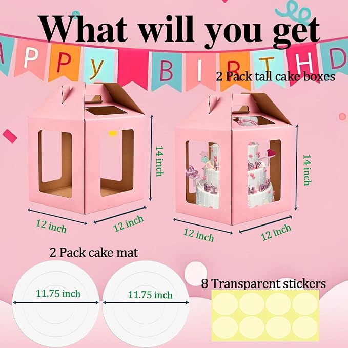 Cake Boxes - 2 Pack Tall Cake Box 12x12x14 Inch | Disposable Layer Carrier with 6 Window Large Tierd Cake Out Transport Containers with Handle for Wedding Birthday, Party-Pink
