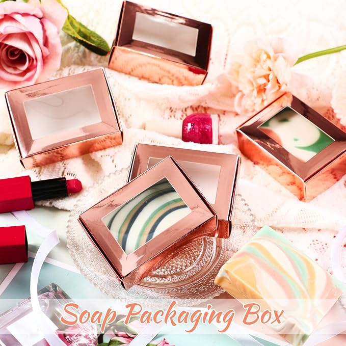 Zonon 30 Pcs Soap Boxes for Homemade Packaging, Mini Kraft Boxes with Window for Bakery Candy Soap Making Gift Packaging, 3.7x2.6x1.4 Inch (Rose Gold)