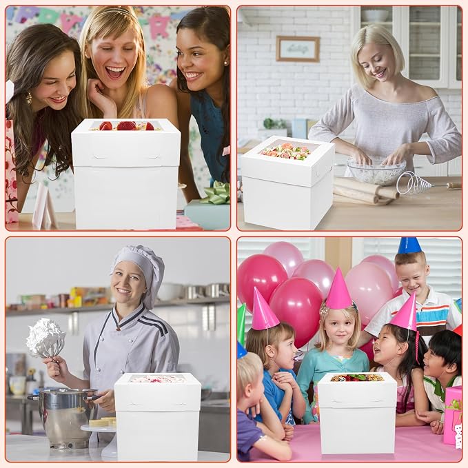 Mcfleet 16pcs Tall Cake Boxes 10x10x10 Bakery Boxes for Tier Cakes with Window 10 Inch White Large Cardboard Bakery Take Out Carrier Containers with Lids for Wedding, Birthday, Party