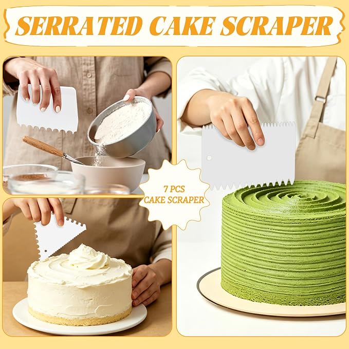 LNAUJS 7-Piece Cake Scraper and Smoother Set, Plastic Cake Decorating Tools Kit for Buttercream Icing, Fondant, Cookies, Pizza Dough & Baking - Multi-Purpose Cake Scraper and Kitchen Utensils (White)