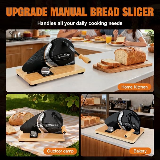 Upgrade Manual Bread Slicer for Homemade Bread, Sourdough Slicer with Hand Crank, Metal Guide Rail, Non-Slip Suction Base & Sharp Blade for Consistent Even Slices