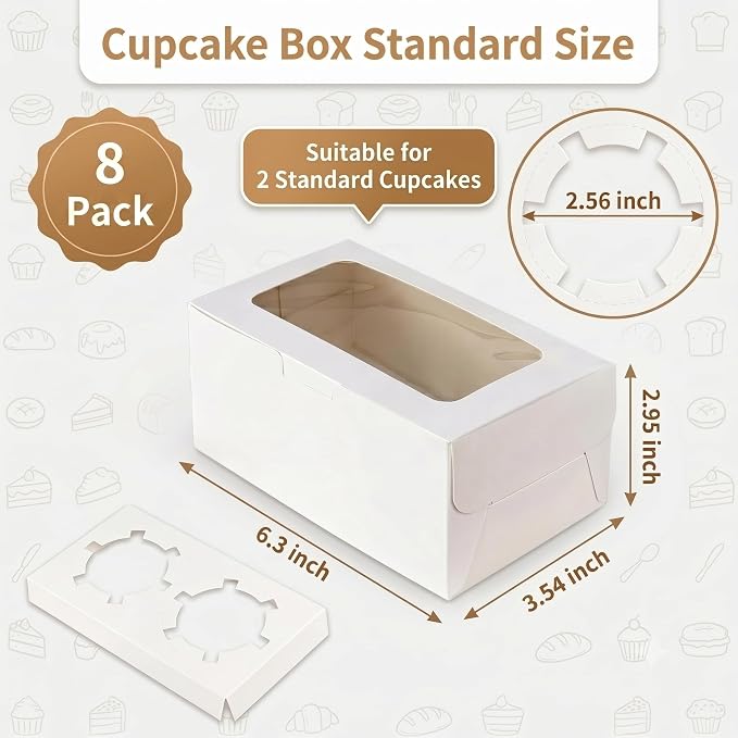 8 Pack White 2-Cavity Cupcake Boxes with Clear Window, 6.3 x 3.54 x 2.95 in Paper Treat Boxes with Inserts, 2-Cupcake Holders for Muffins, Cookies, Mini Cakes, Bakery Gifts and Parties