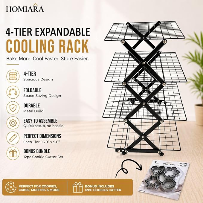 4 Tier Collapsible Cooling Rack for Baking with 12 Piece Cookie Cutter Set - Adjustable Stackable Wire Baking Rack, 3 Setting Design, Space Saving for Cookies, Cakes & Bread