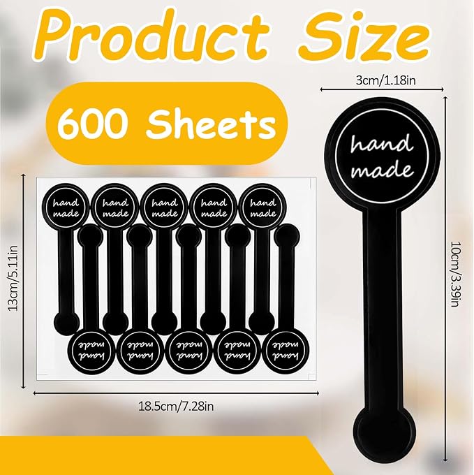 600 Pcs Hand Made Self-Adhesive Stickers Black Long Label Stickers Lollipop Sealing Stickers for Candy Cookie, Bakery, Cake, Sweet, Treat, Biscuit, Chocolate and Gift